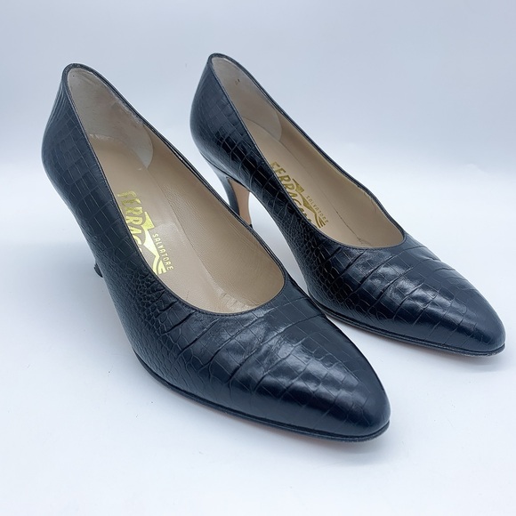 Salvatore Ferragamo Clarissa Croc-Embossed Heel Pump in Black - Picture 2 of 13